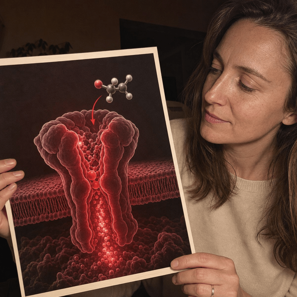 Anatomical brain-overlay still on black showing the GABA-A calm brake lighting up as an ethanol molecule docks into it, the calm switch wine reaches