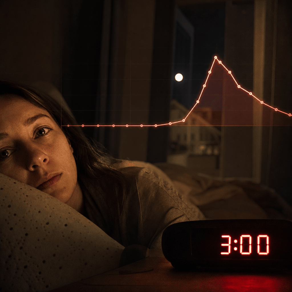 Medical-investigation still of a dark bedroom, a glowing bedside clock reading 3:00 and a faint sleep-study line showing a calm evening then a cortisol rebound spike overnight
