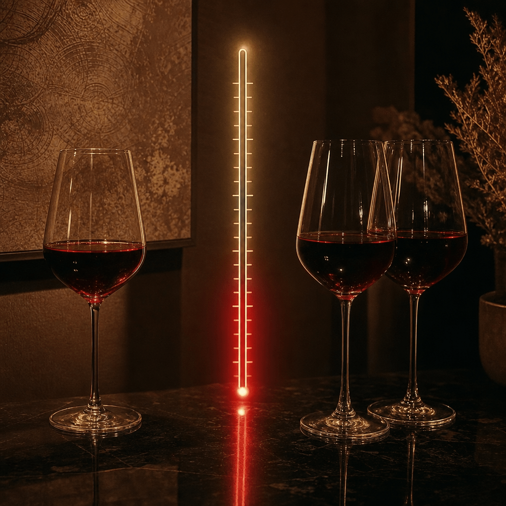 Investigation still contrasting one glass of wine becoming two, with a draining calm-reserve gauge, showing tolerance creeping up as cortisol burns through the evening calm