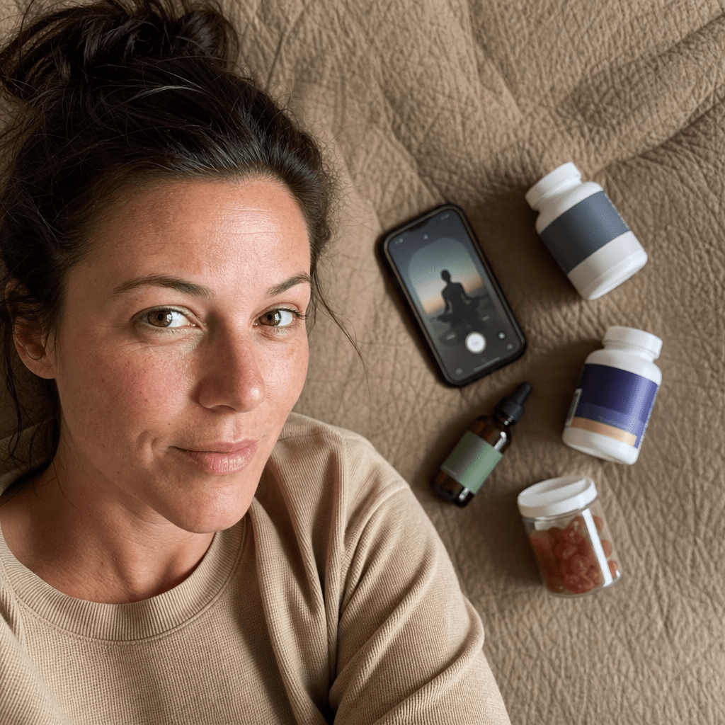 Overhead flat-lay of the swaps that missed, a magnesium bottle, a melatonin bottle, a CBD oil dropper, a phone showing a meditation app, and a generic ashwagandha jar, each pushed aside, no It Girl product yet