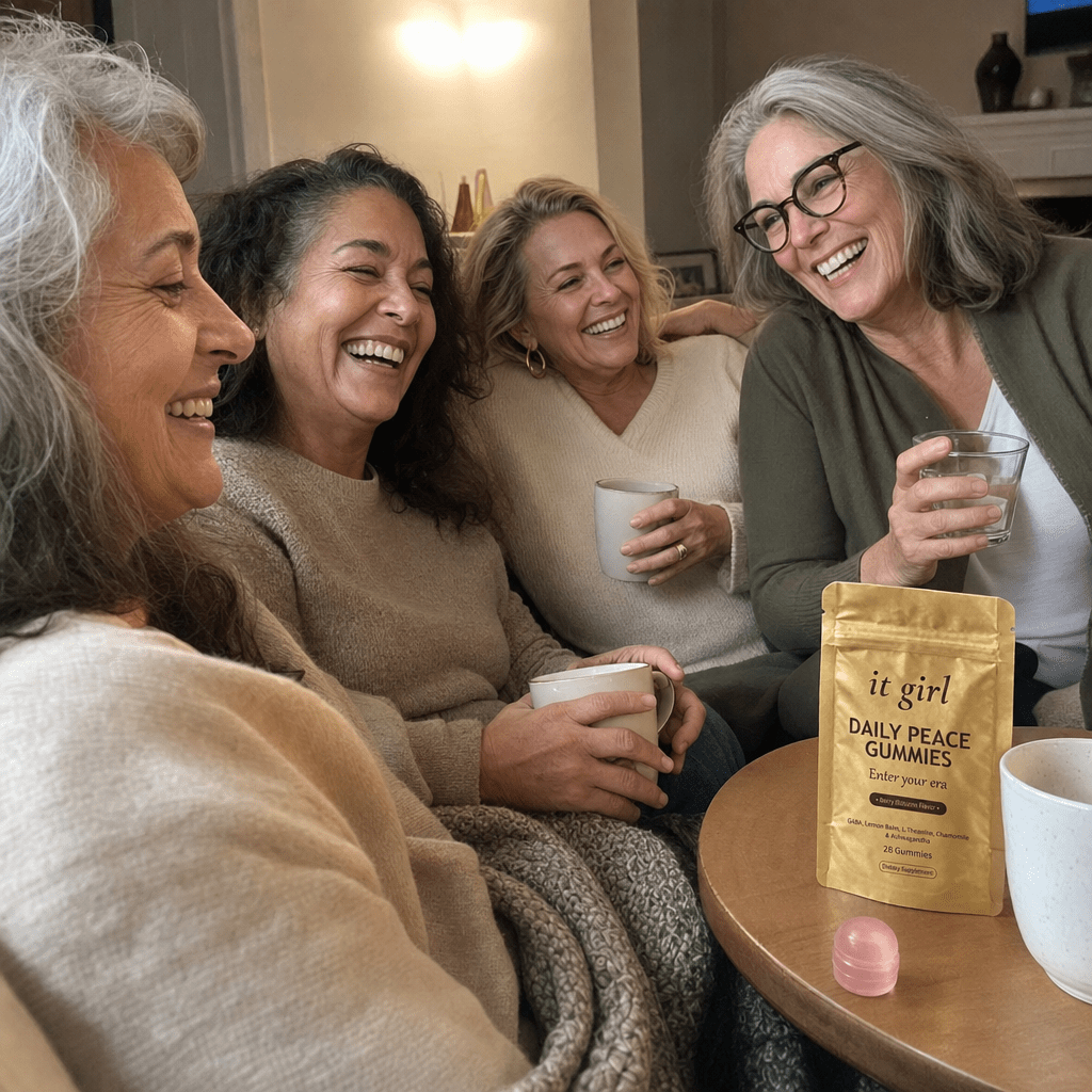 Warm candid group of relaxed women in their fifties and sixties laughing together in an evening living room with tea and water, a gold It Girl Daily Peace pouch resting nearby