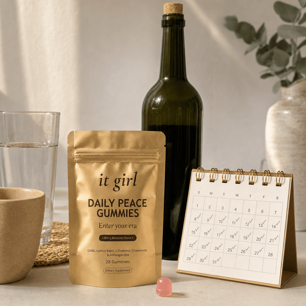 Warm still-life of the palm-sized It Girl Daily Peace pouch beside a month calendar and one corked unbranded bottle of wine, showing a whole month of calm costs less than one bottle