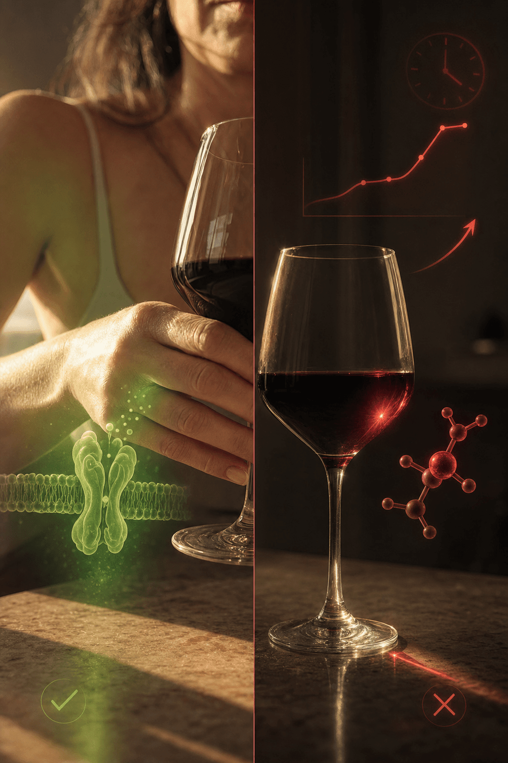 Split-frame macro on warm marble, left a hand reaching for a wine glass with a green GABA-A receptor glowing through the wrist as the right instinct, right the wine glass alone with a red ethanol molecule and a red rebound arrow as the wrong vehicle, hairline red divider