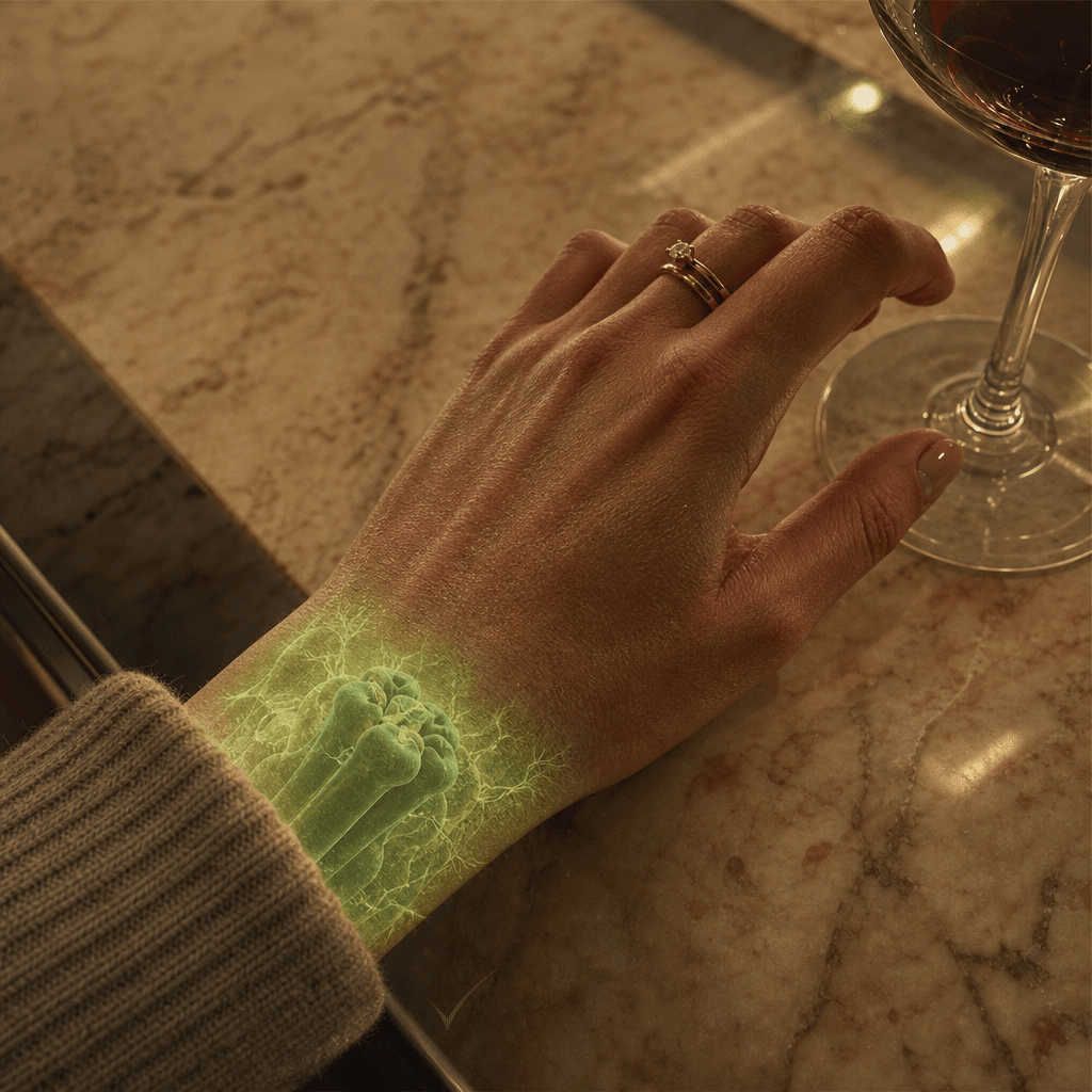 Extreme macro of a woman's hand reaching for a wine glass on warm marble, a green GABA-A receptor cross-section glowing softly through the wrist, the body's instinct working