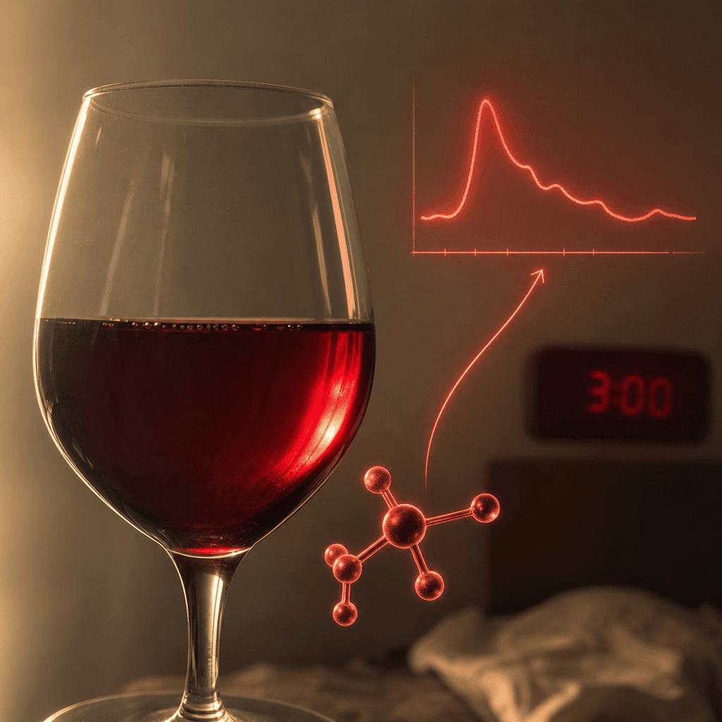 Macro of a wine glass alone in dramatic side light, a red ethanol molecule diagram floating beside it and a red arrow curving up to a small overnight cortisol rebound graphic and a 3am clock