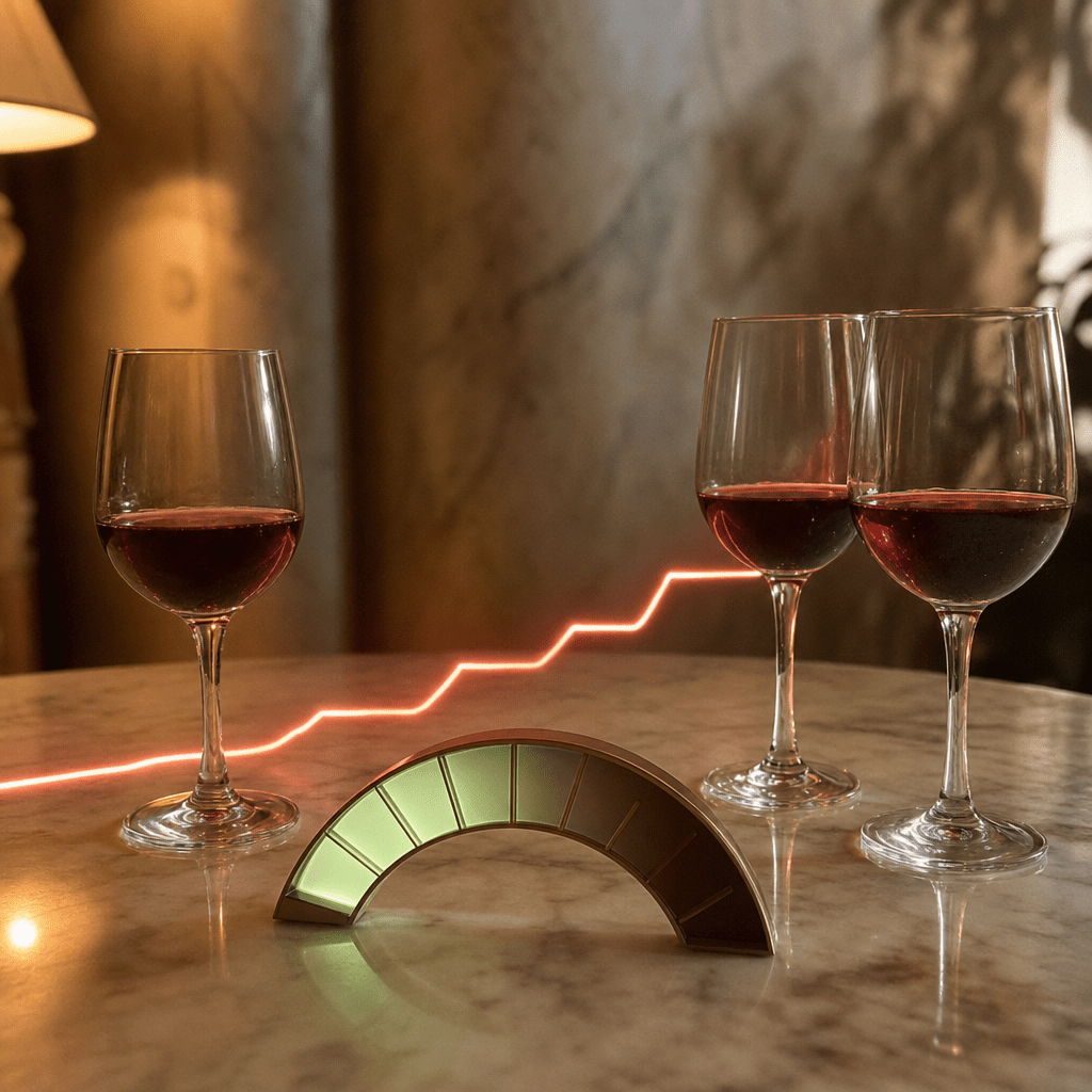 Investigation still of one glass of wine becoming two with a red rebound line resetting a baseline higher and a draining green calm reserve, tolerance climbing in one direction
