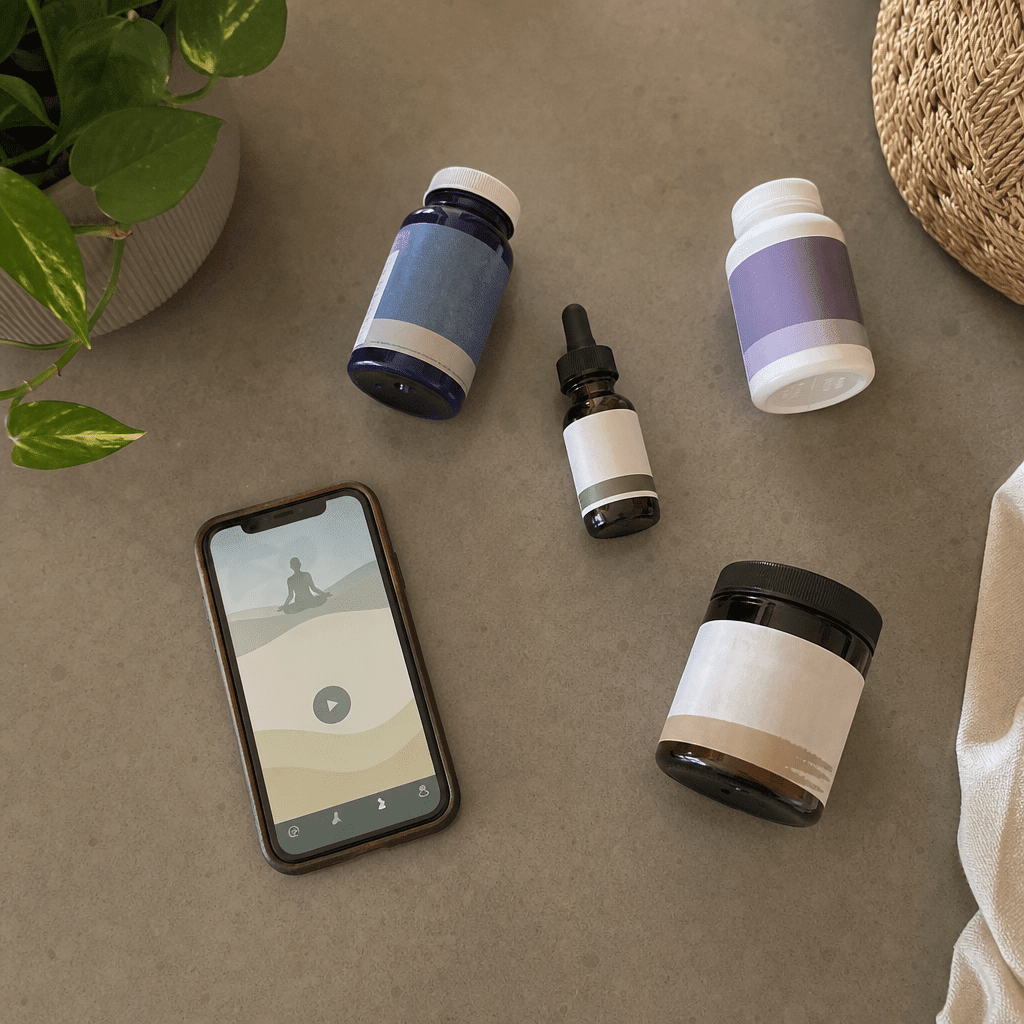 Overhead flat-lay of the swaps that missed, a magnesium bottle, a melatonin bottle, a CBD oil dropper, a phone showing a meditation app, and a generic ashwagandha jar, each pushed aside, no It Girl product yet