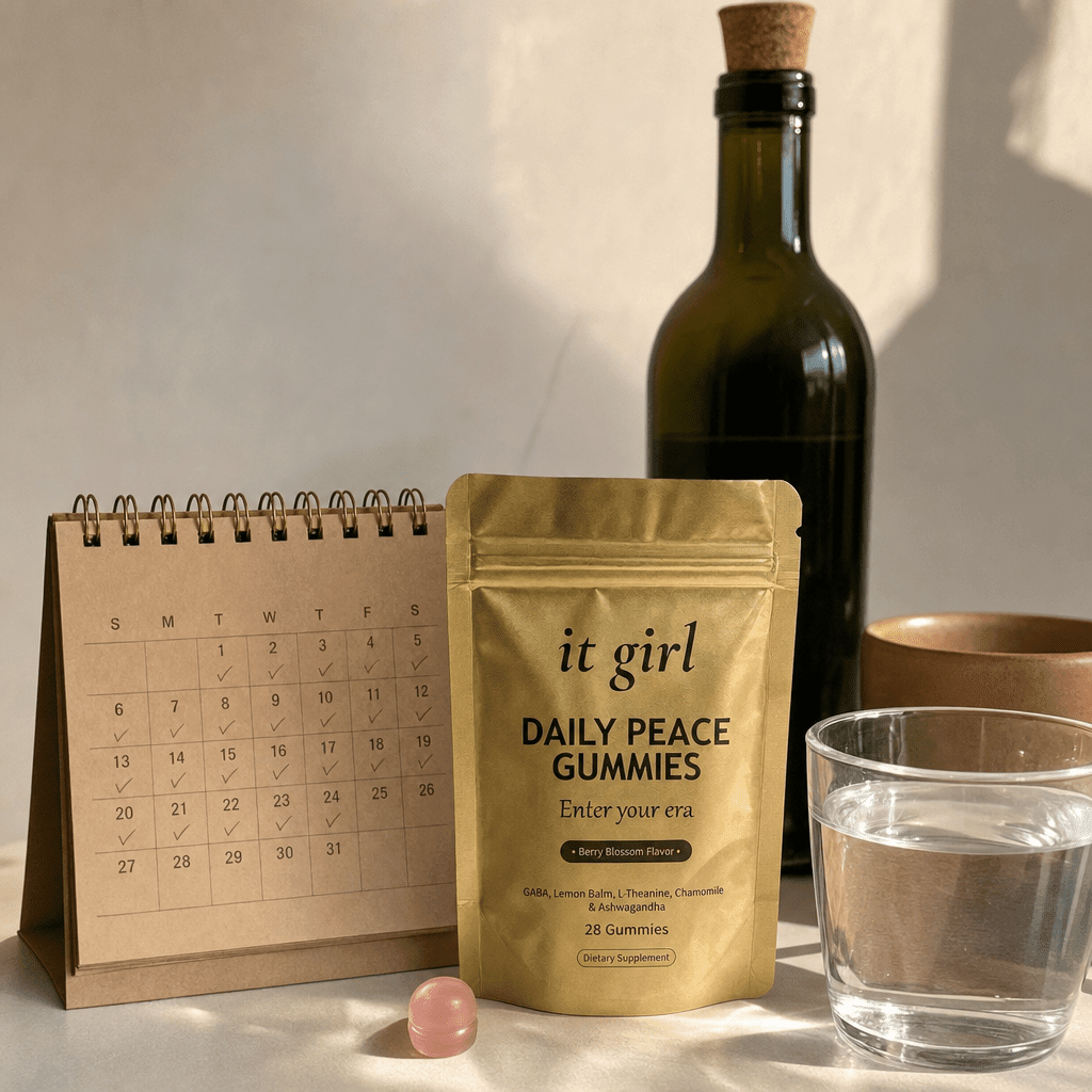 Warm still-life of the palm-sized It Girl Daily Peace pouch beside a month calendar and one corked unbranded bottle of wine, showing a whole month of calm costs less than one bottle