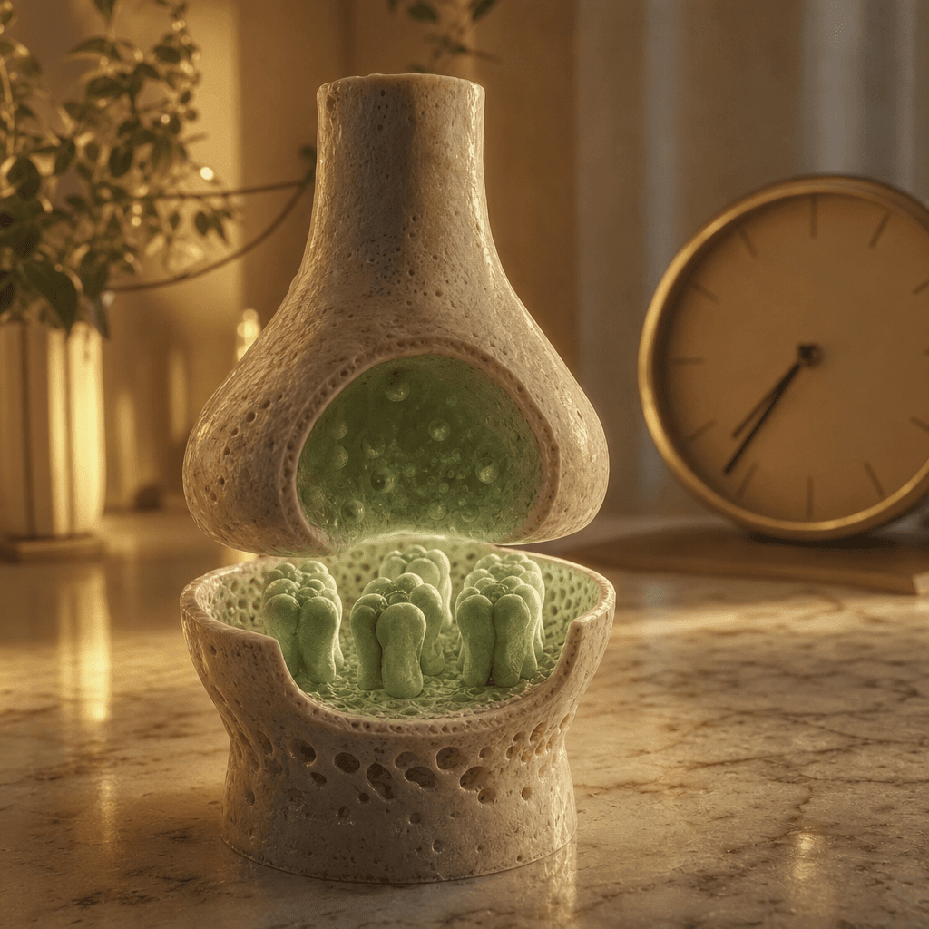 A calm green GABA-A receptor cross-section glowing softly, the nervous system's own calm brake running low by evening, an editorial investigation still