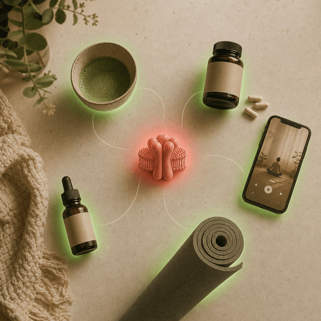 A woman's wellness props on a counter each haloed green, matcha, a magnesium jar, a meditation app on a phone, a rolled yoga mat, all working around the body while a single red GABA-A receptor sits untouched in the center
