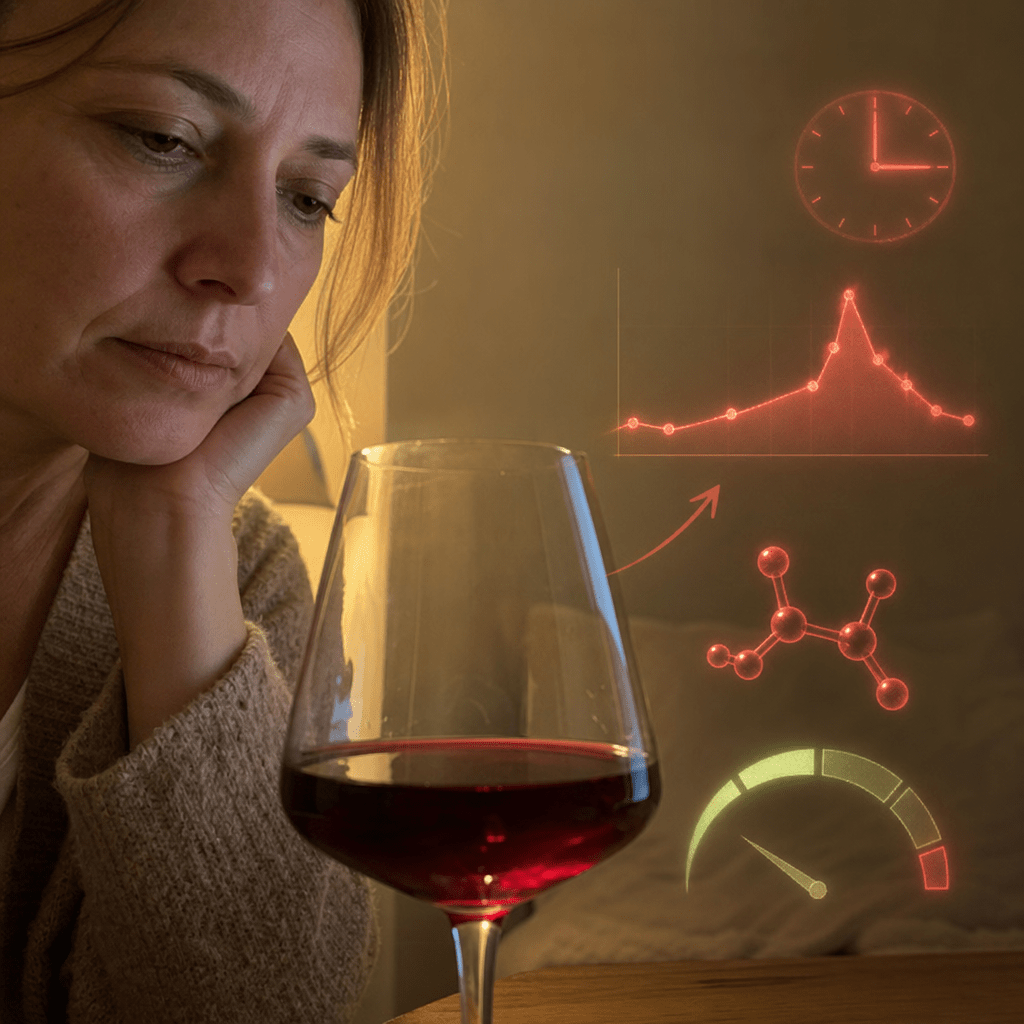 A wine glass in warm side light with a red ethanol molecule beside it and a red arrow curving to an overnight cortisol rebound line and a faint 3am clock, the cost written into the 1am to 4am window