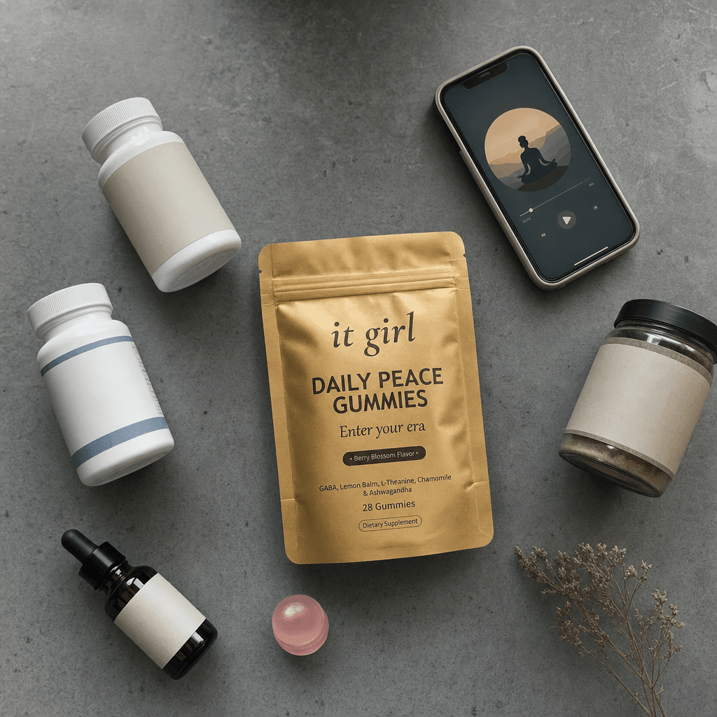 Overhead flat-lay of the swaps that missed, a magnesium bottle, a melatonin bottle, a CBD dropper, a phone with a meditation app, and a generic ashwagandha jar, each pushed aside, no It Girl product yet