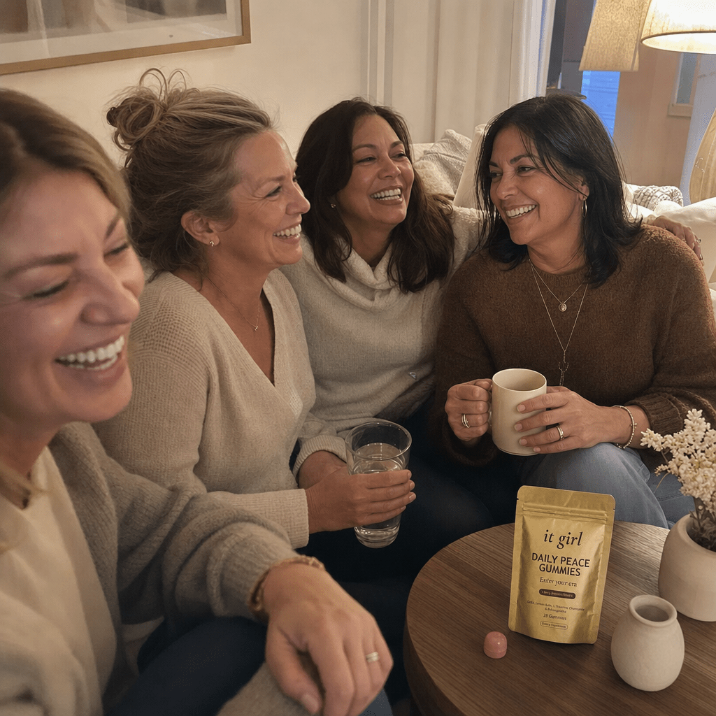 Warm candid group of relaxed women in their forties and fifties laughing together in an evening living room with tea and water, a gold It Girl Daily Peace pouch resting nearby