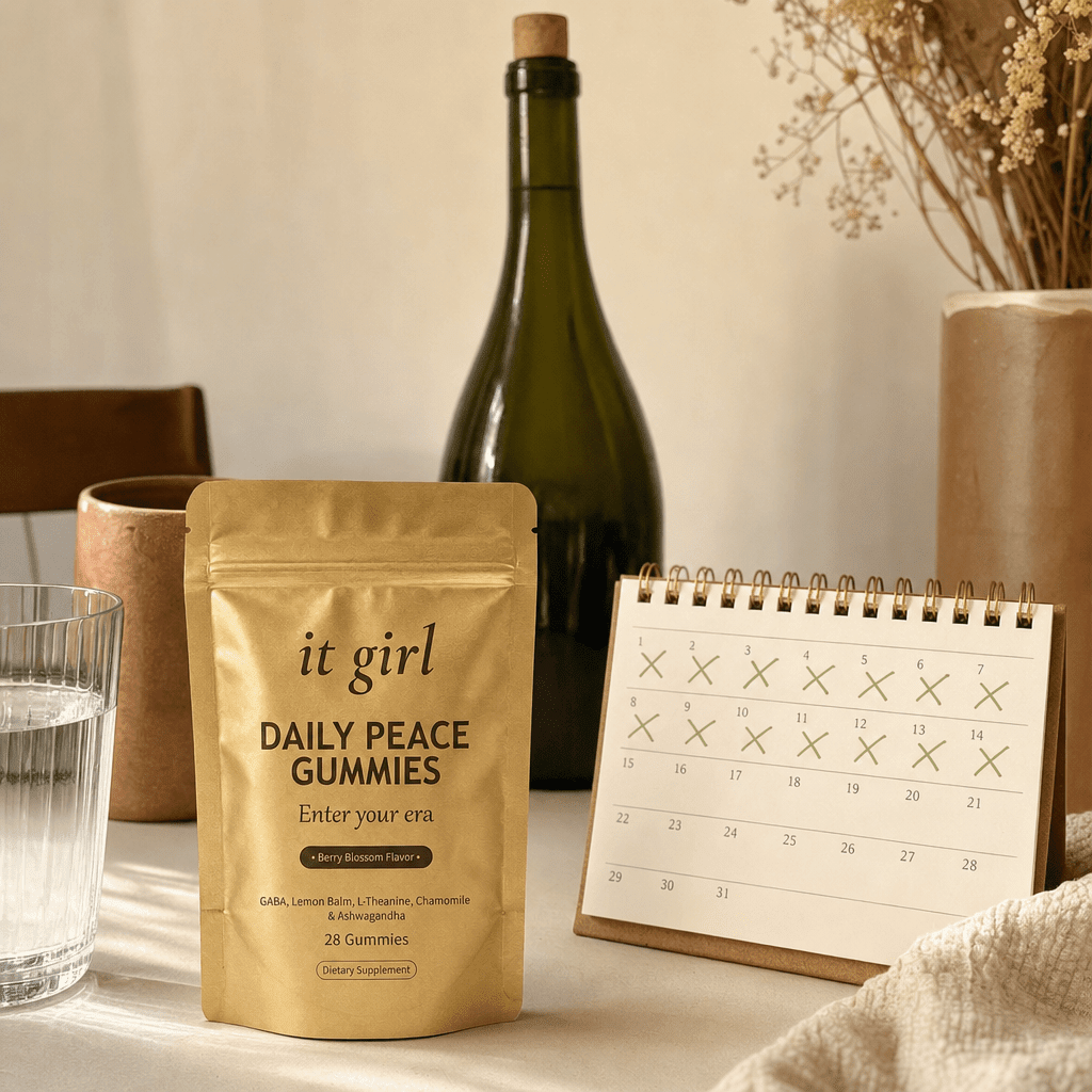 Warm still-life of the palm-sized It Girl Daily Peace pouch beside a month calendar and one corked unbranded bottle of wine, showing a whole month of calm costs less than one bottle