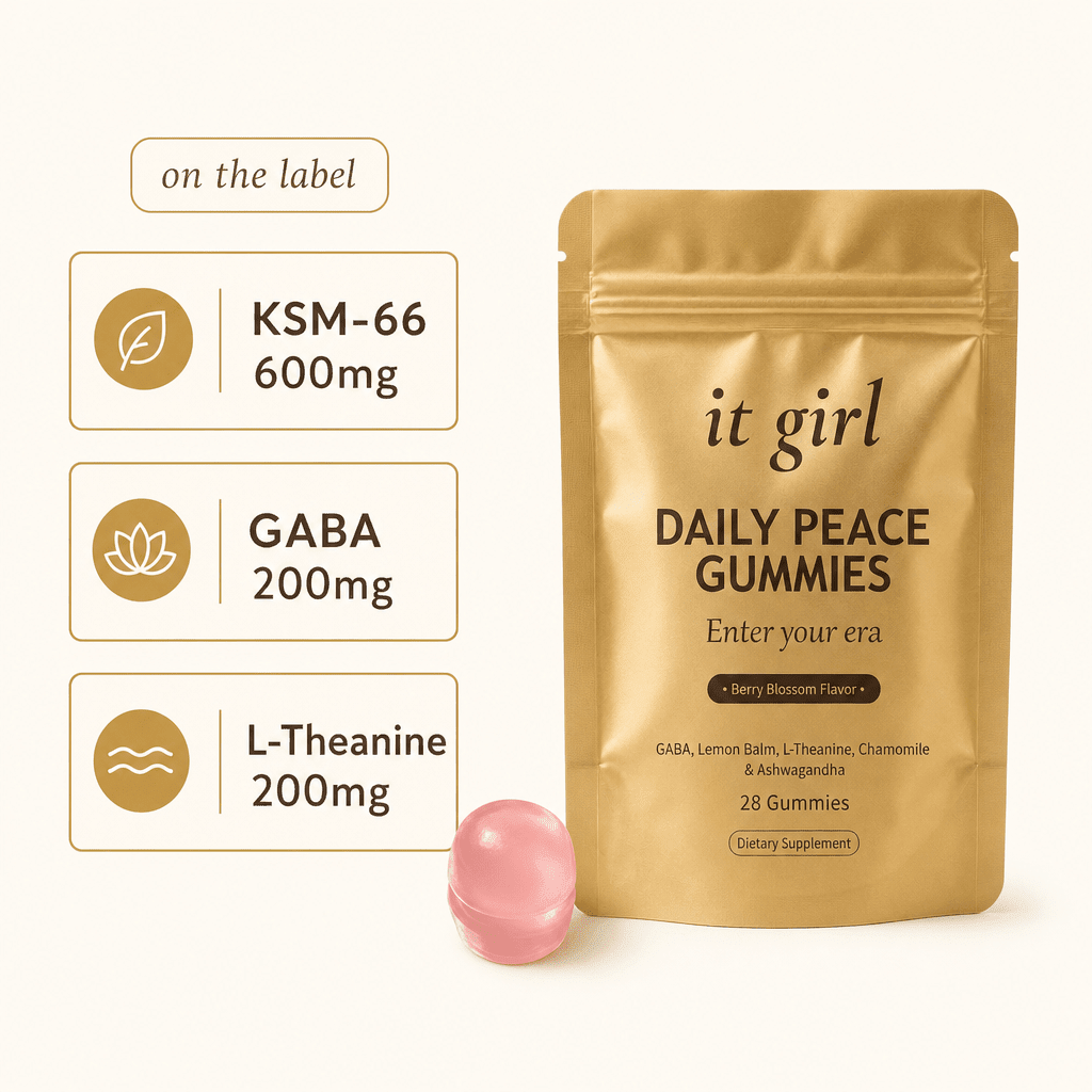 Three warm dose cards on cream reading KSM-66 600mg, GABA 200mg, L-Theanine 200mg beside a single pink gummy, the named doses printed on the label not a proprietary blend