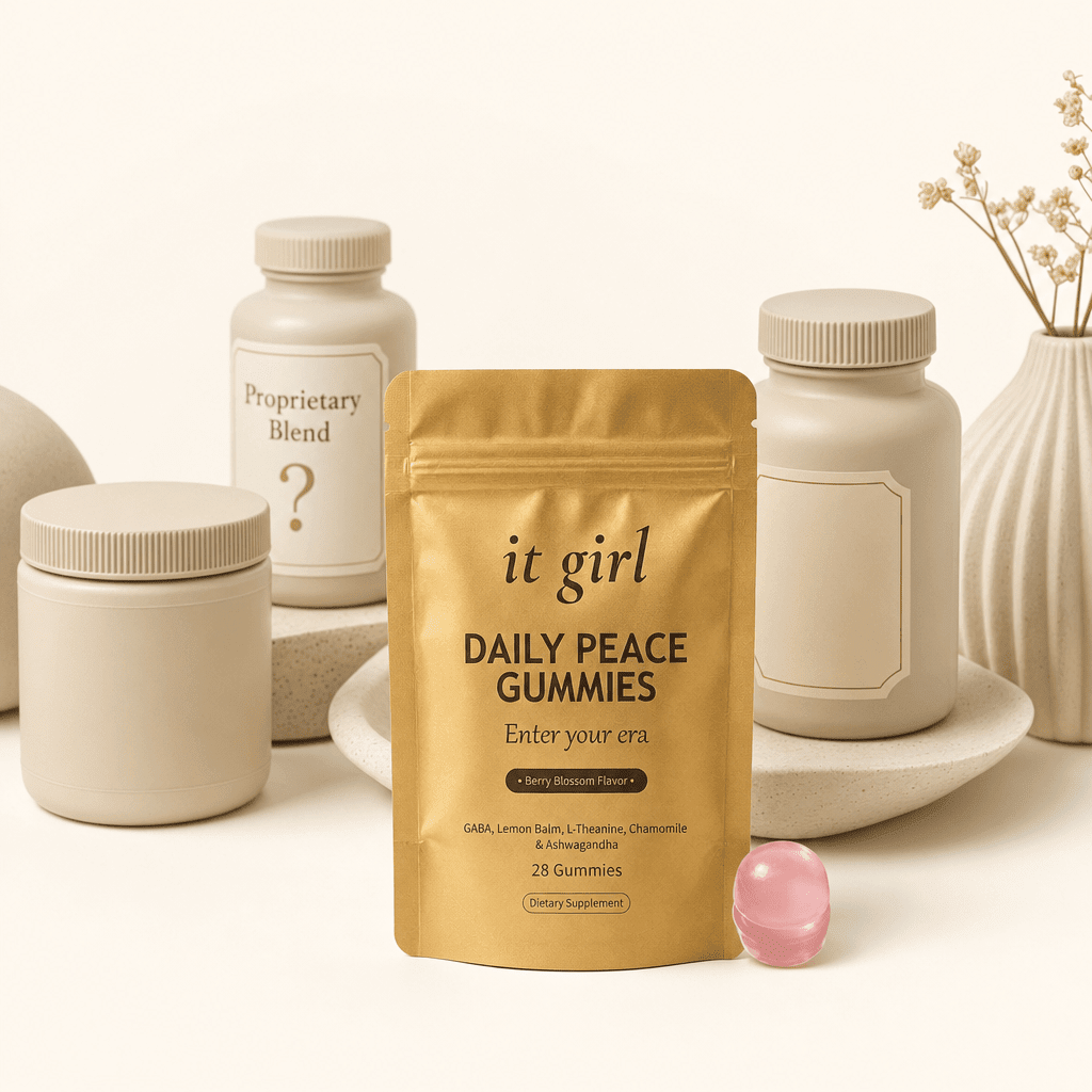 Flat editorial graphic card on cream showing a row of failed swaps, a generic ashwagandha jar, a proprietary-blend label with a question mark, a magnesium bottle, pushed aside, the gold Daily Peace pouch chosen forward