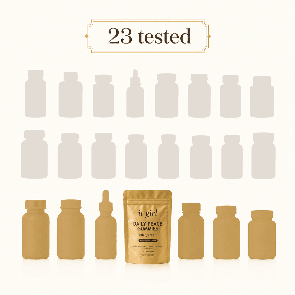 Flat editorial graphic card on cream styled as a lab-investigation result, 23 brands tested, a short shortlist that passed, the gold Daily Peace pouch named among them