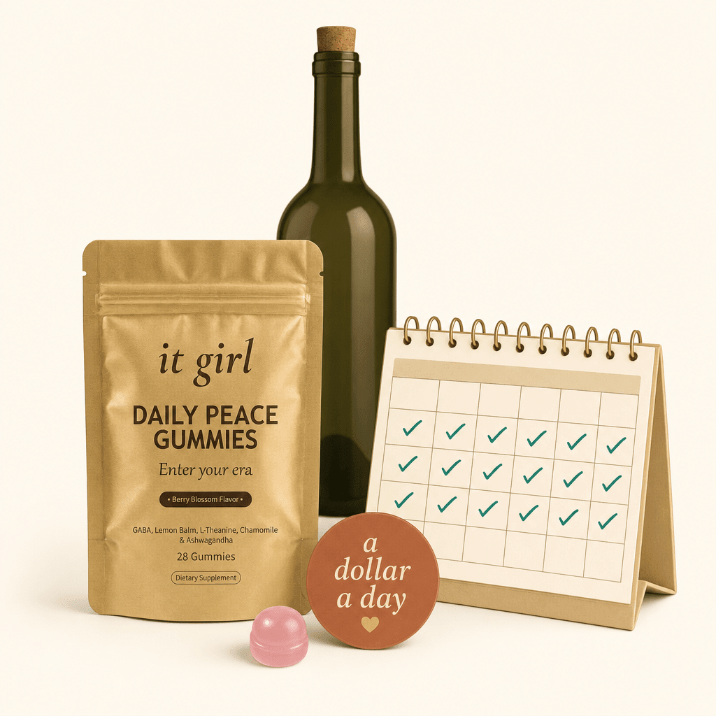 The palm-sized gold It Girl Daily Peace pouch on cream beside a small month calendar and a warm-clay price badge, a whole month of calm for about a dollar a day