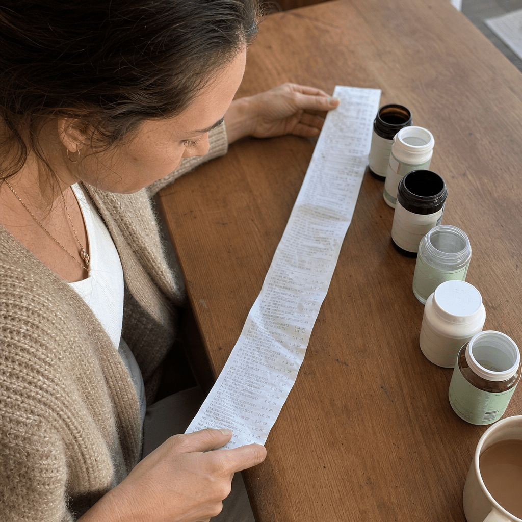 Real photo of a woman's hands spreading out a long curling drugstore receipt and several empty stress-supplement bottles on a wooden table, two years of purchases laid out, warm window light, no product brand shown