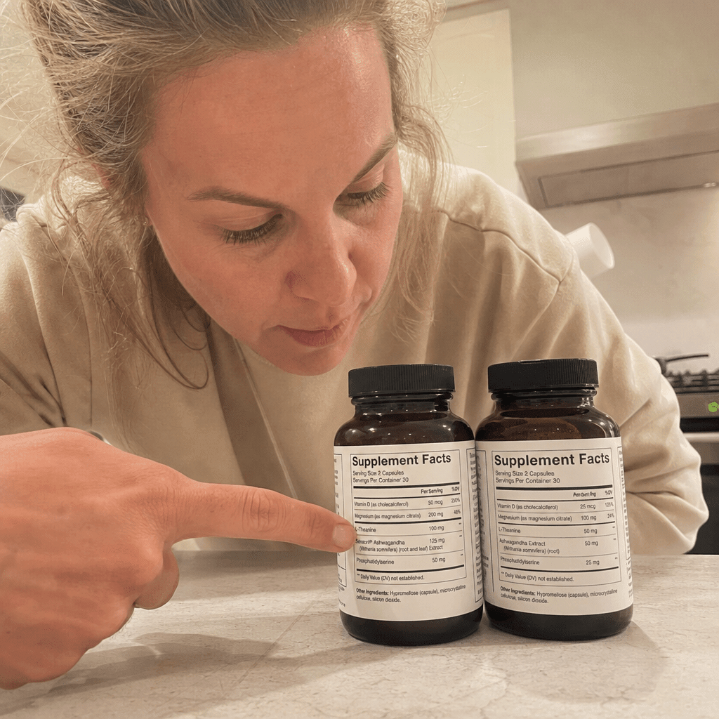 Real photo of two real stress-supplement bottles standing side by side on a bench, their Supplement Facts panels facing the camera, one showing a low milligram figure, a hand pointing to the small dose, no It Girl product
