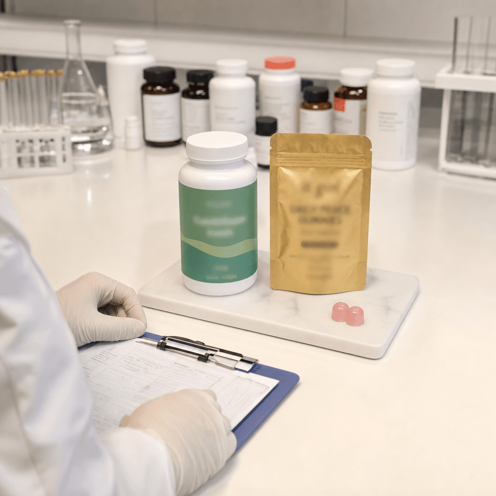 Real photo of a lab bench with the two stress-supplement products that passed set apart on a clean tray while a row of other bottles sits dim in the background, gloved technician hands and a clipboard; on the left a Nature's Calm-style supplement bottle with its brand logo blurred out, on the right the soft-gold It Girl Daily Peace pouch with its own logo blurred out, no CTA