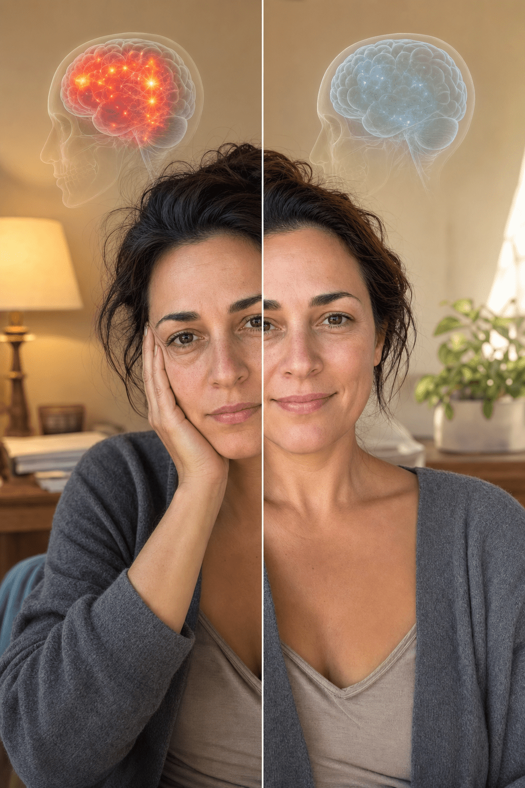 Before-and-after split of the same working mom about thirty-eight, left side burned out and exhausted with a brain-scan overlay showing hot red over-active stressed regions, right side the same woman calm and happy with a brain-scan overlay showing a cool settled calm brain, warm cream and clay palette around a clean conceptual medical visual
