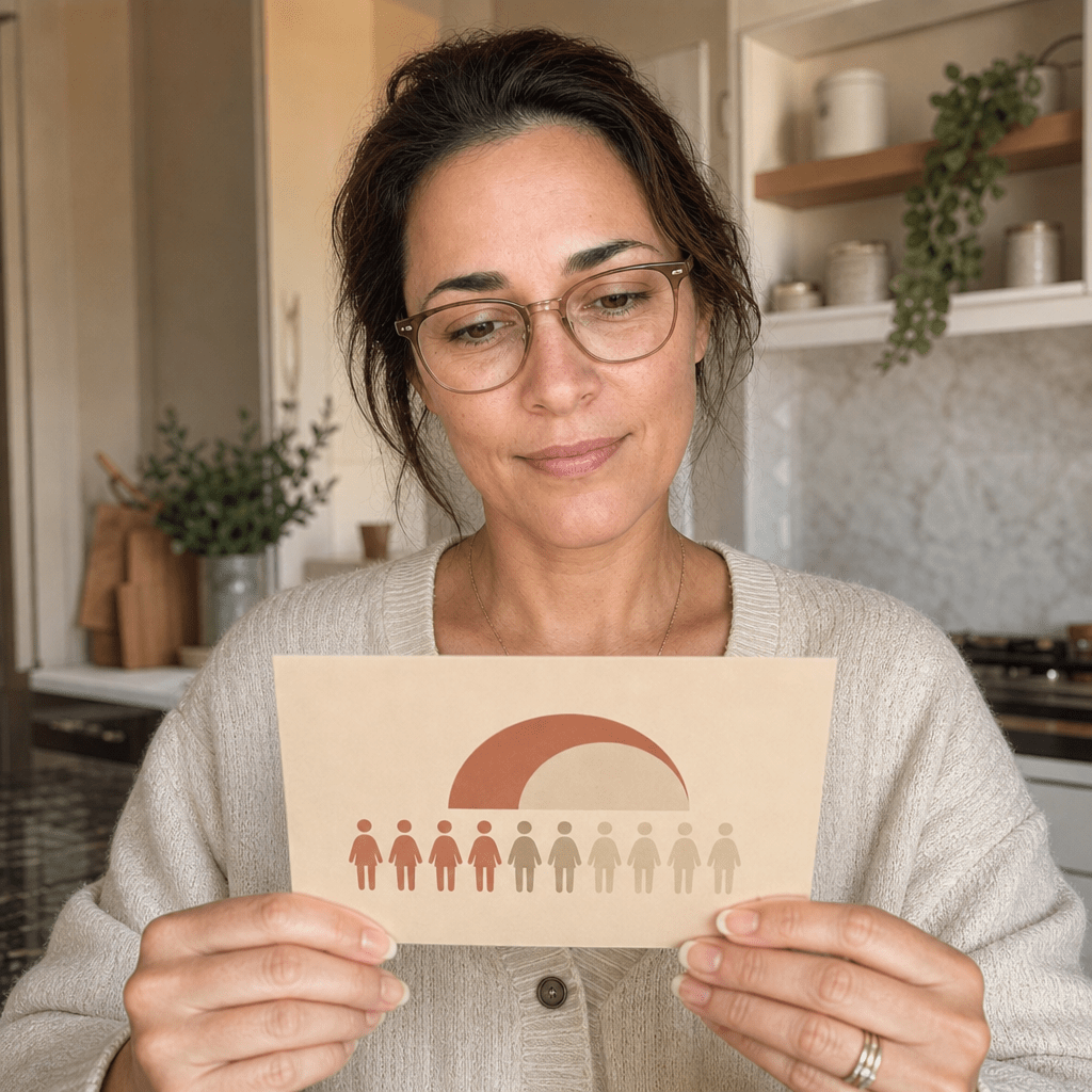 Composed working mom about thirty-eight at her kitchen counter in soft daylight looking at a warm-toned educational infographic card showing the burnout pattern is shared, the moment she realizes it was never just her, no product in frame