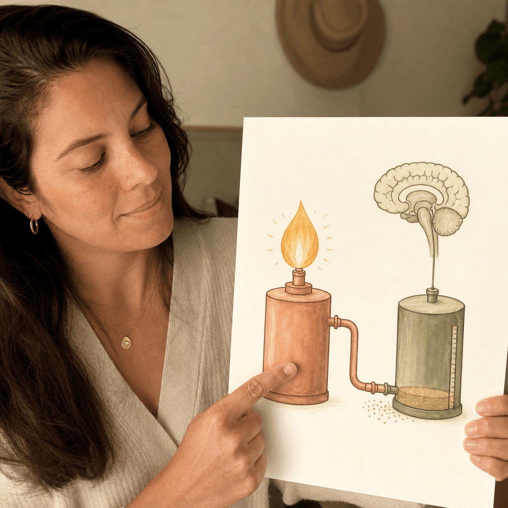 Educational still of a clean brain-and-body diagram showing cortisol staying high and burning through the GABA off-switch, warm-toned conceptual medical visual, the mechanism that was found, no product in frame