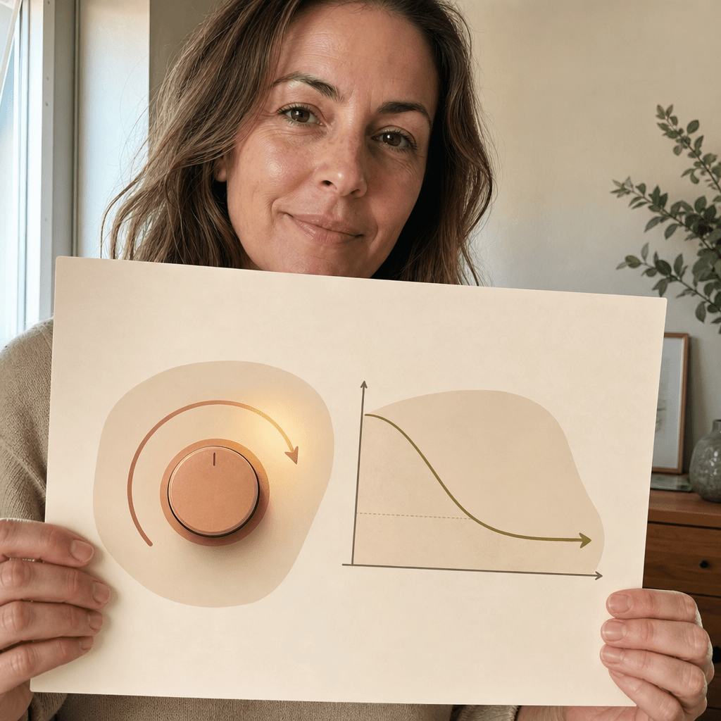 Educational still of a warm-clay dimmer dial drained to dark beside a small chart of a refill curve, the solution-type of refilling the off-switch and lowering cortisol made visual, no product and no brand in frame