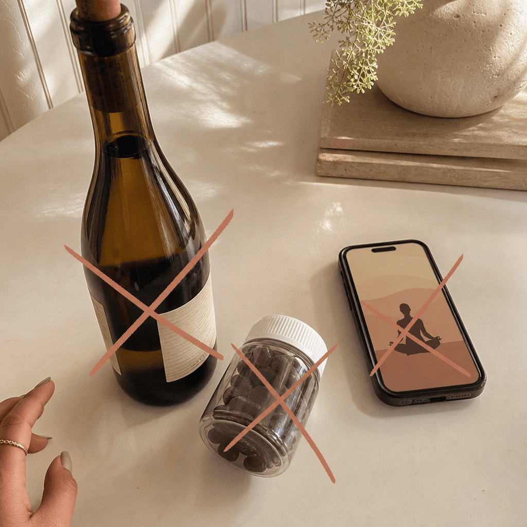 Still life of crossed-out non-solutions, a corked wine bottle, a melatonin gummy jar, a meditation app on a phone, all pushed aside in soft daylight, the swaps that do not refill the tank, no Daily Peace and no product in frame