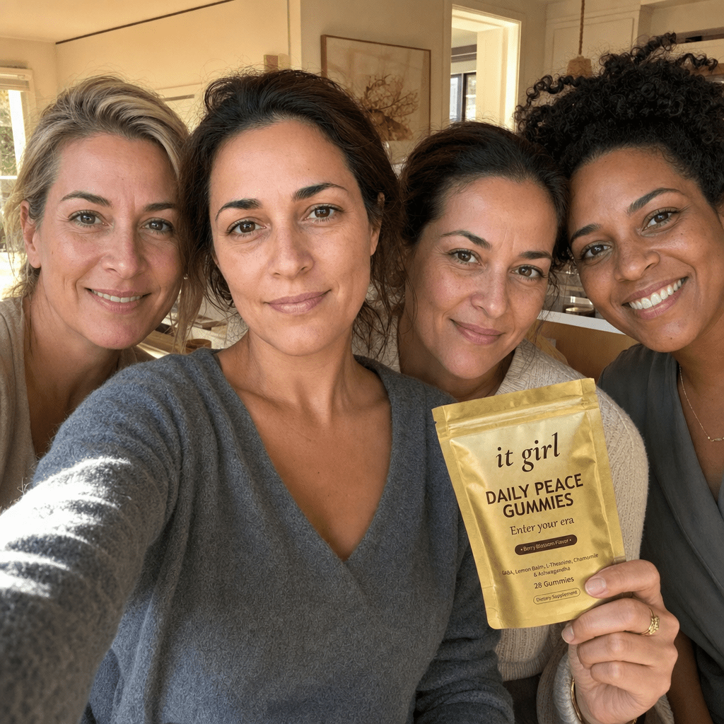 Warm candid group selfie of the same working mom and three or four other real women leaning in with genuine smiles in a sunlit home, one of them holding up the matte-gold It Girl Daily Peace pouch, an arm's-length front-camera angle