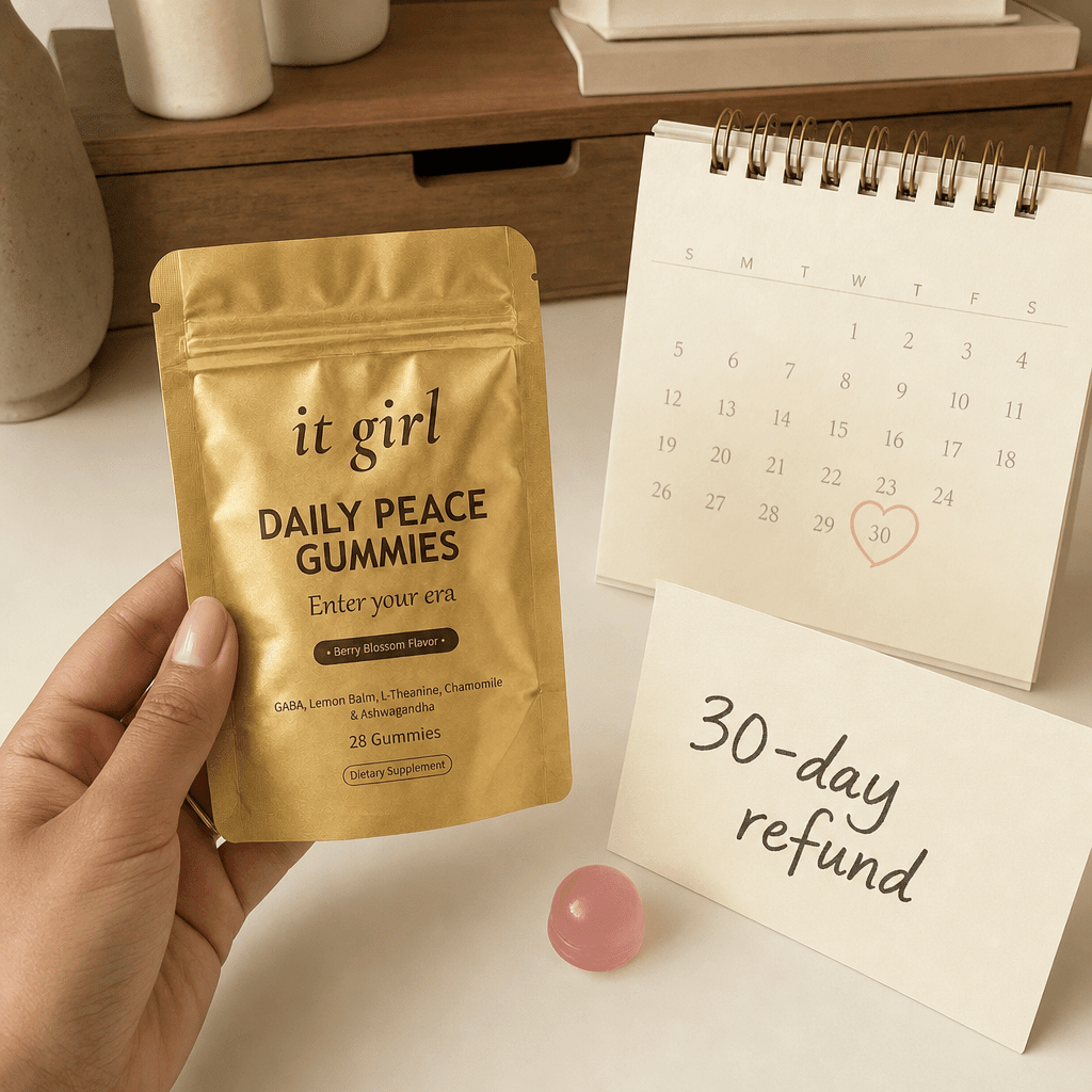 Daily Peace pouch beside a month calendar and a 30-day refund card on a cream surface, a full month to feel it risk-free